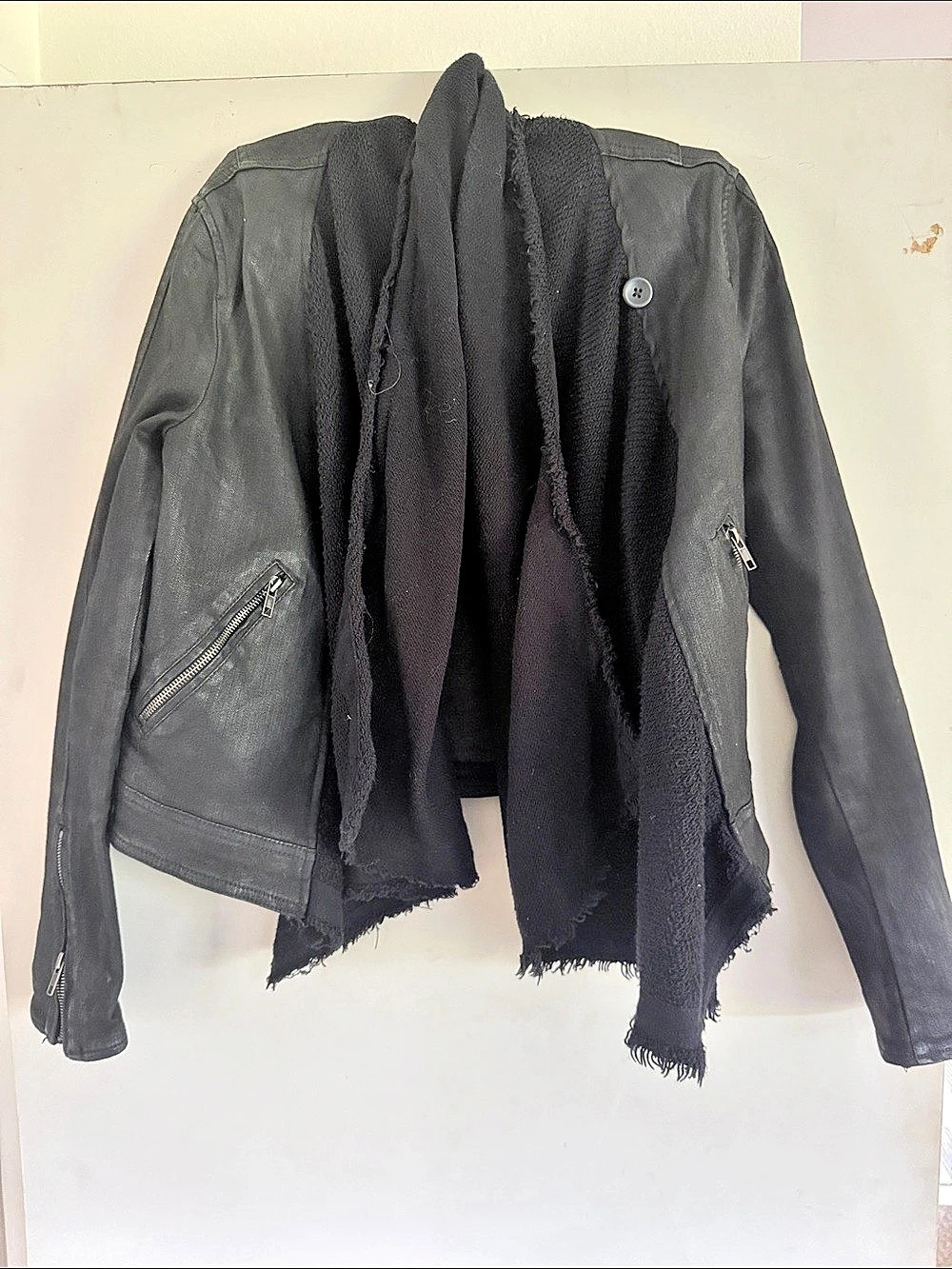 Free People Black Denim/ kint Jacket with Scarf like drape attached Size 6